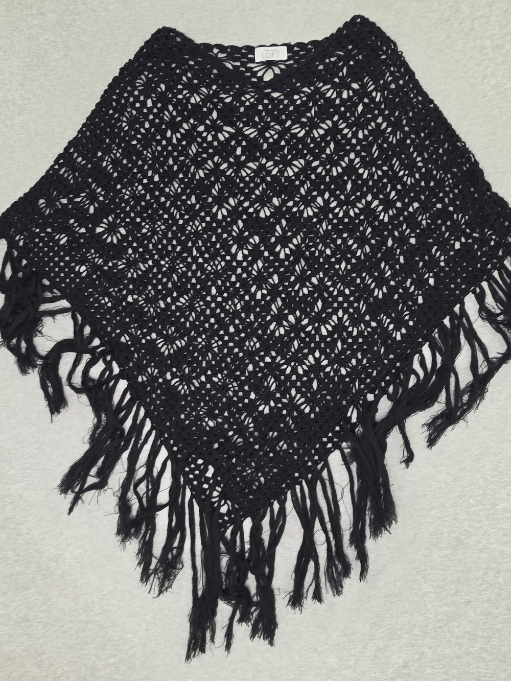 LOFT Black Crochet Fringe Poncho Sweater